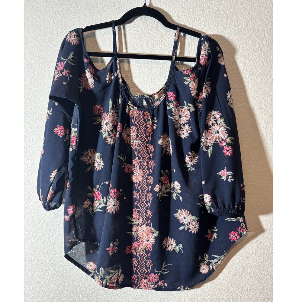 Rewind Womens Size L Navy Blue Pink Floral Cold-Shoulder 3/4 Sleeves Boho Blouse